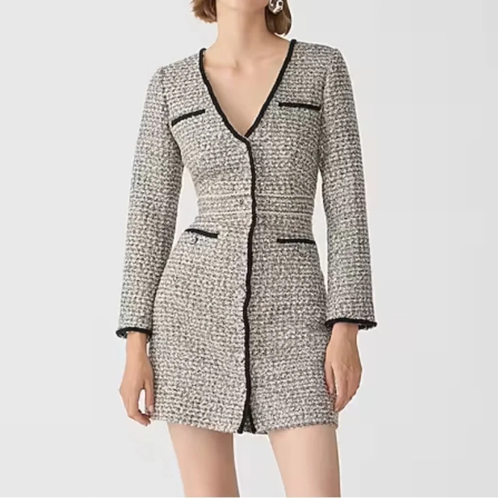 J crew Collection V-neck lady dress in tinsel tweed  Gold Grey Lurex Tweed